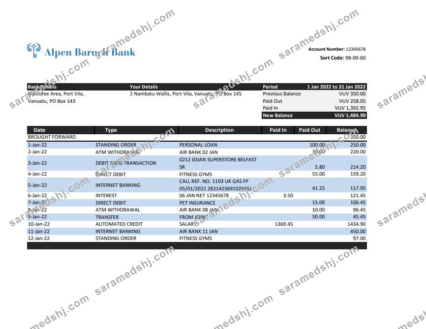 Vanuatu Alpen Baruch bank statement, Excel and PDF template